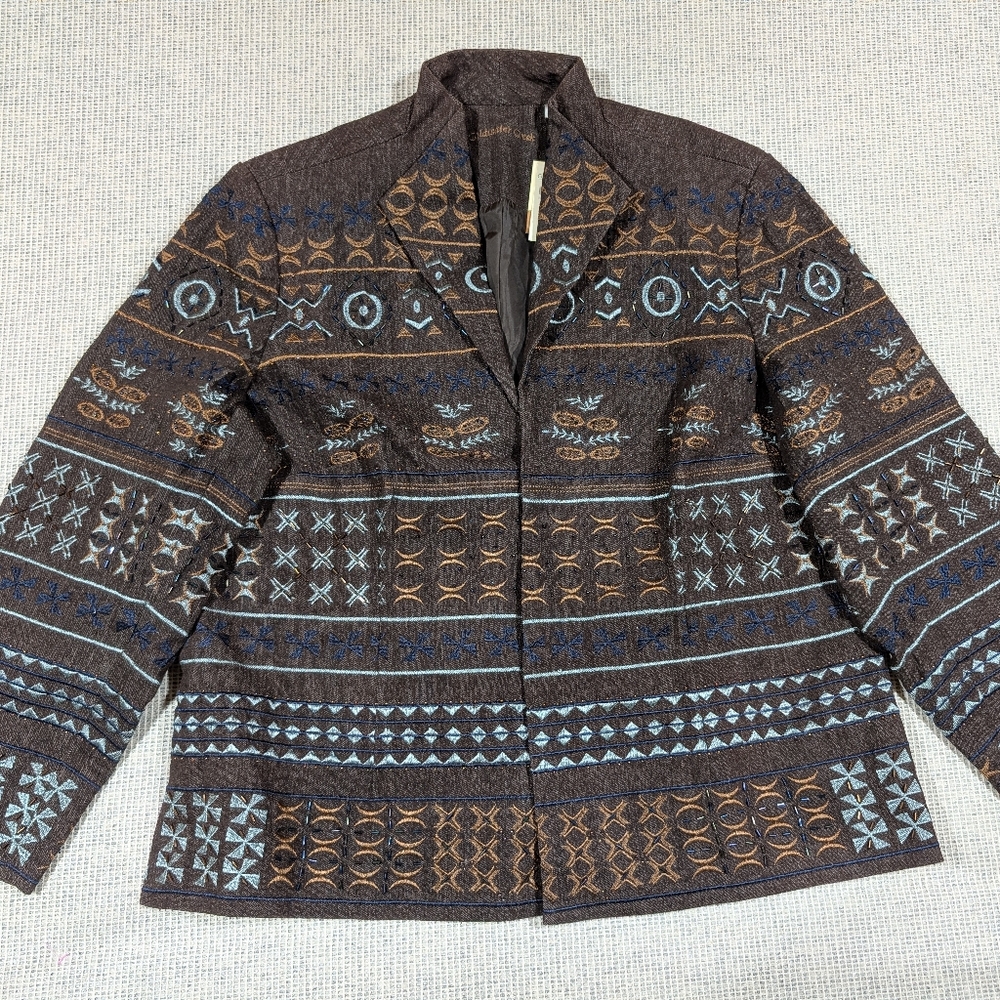Coldwater Embroidered Geometric Pattern Open Front Jacket — Brown & Light Blue